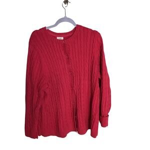 LL Bean Women Cable Knit Fisherman Sweater Sz.2X Red Wool Heavyweight Cardigan